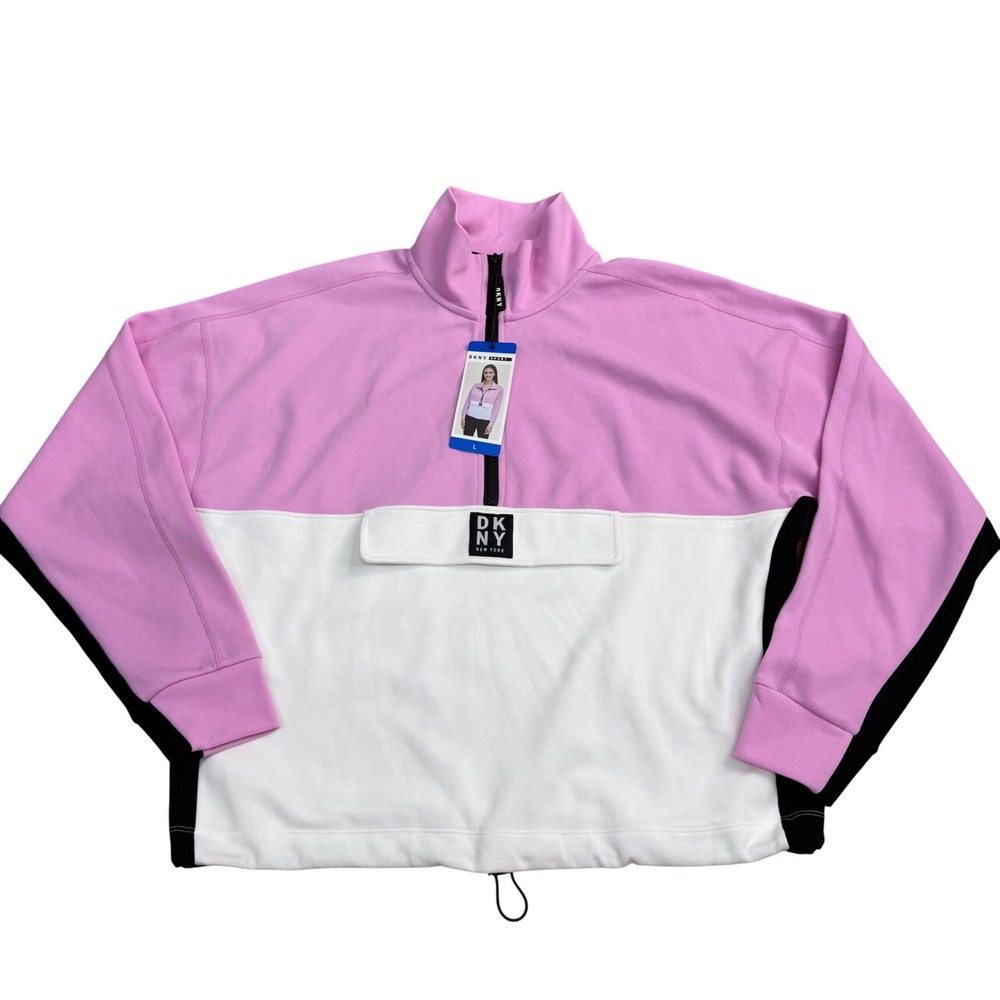 DKNY Quarter Zip Pullover Women Size L Pink/White Casual Outdoors Mock Neck